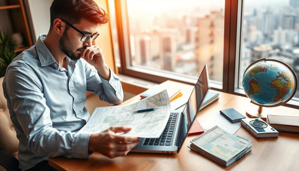 A visually engaging representation of "travel insurance" set in a professional context. In the foreground, a thoughtful freelancer, dressed in smart casual attire, examines a laptop with travel-related documents spread out, including maps and insurance papers. In the middle ground, a well-organized desk adorned with travel guides, a passport, and a globe, emphasizing preparation for international travel. In the background, a soft-focus window reveals a vibrant cityscape, suggesting global opportunities. The lighting is warm and inviting, simulating daylight streaming in, creating an atmosphere of optimism and security. The angle captures the freelancer's focused expression and conveys a sense of diligence and careful planning for travel requirements in different countries.