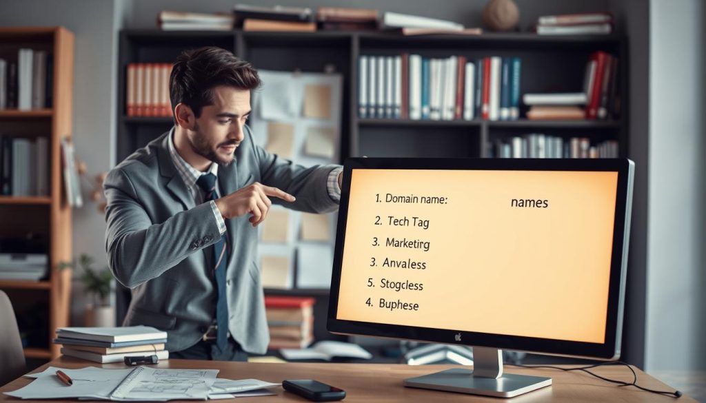 A visually striking composition illustrating the concept of clear and memorable domain names. In the foreground, a computer screen displays a list of simple, effective domain names, glowing softly as if illuminated by a warm light. A confident professional, dressed in smart casual attire, leans over the screen, pointing to the list, showing enthusiasm and focus. The middle section features a desk cluttered with brainstorming materials like sticky notes and sketches, symbolizing the creative process. In the background, a blurry bookshelf filled with marketing and tech books adds depth to the scene. The lighting is bright and inviting, creating an atmosphere of inspiration and clarity, emphasizing the importance of straightforward branding in the digital age.