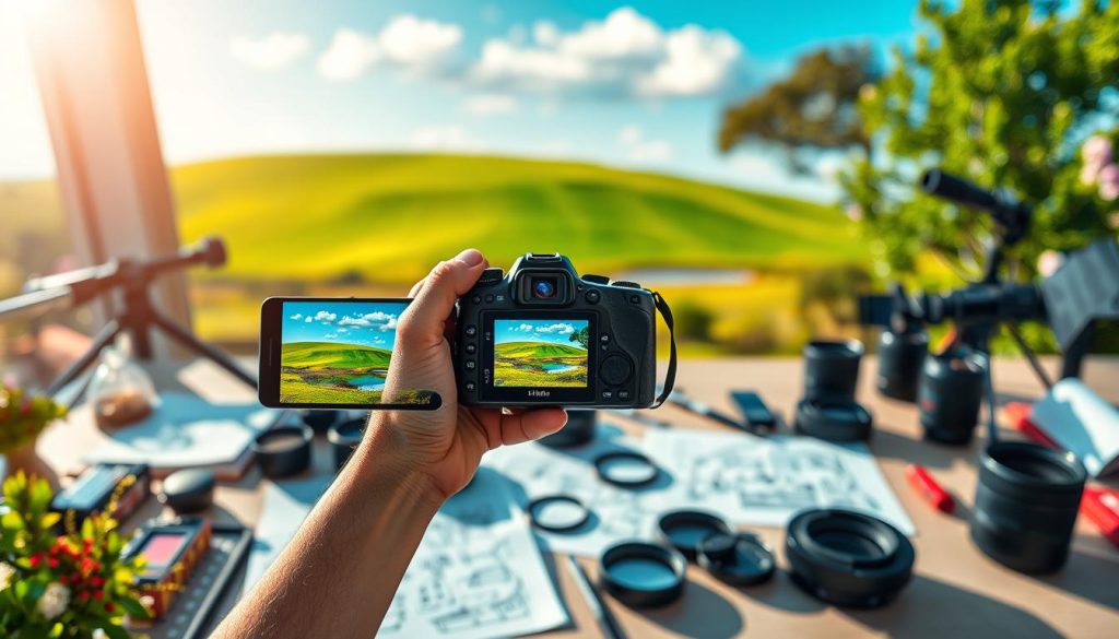 A visually striking composition showcasing the concept of "visual identity" in photography. In the foreground, an artist's hands hold a camera, capturing a vibrant landscape scene—a rolling green hill under a clear blue sky, with a small picturesque lake reflecting the surroundings. The middle ground features a well-organized workspace with various photography equipment, including lenses, filters, and sketches of visual identity concepts. In the background, soft bokeh of nature elements like trees and flowers creates a peaceful atmosphere. The lighting is natural, emphasizing the warmth of the sun, casting gentle shadows. The overall mood is inspiring, reflecting creativity and professionalism, ideal for discussing the importance of visual identity and technical quality in photography. A visually striking composition showcasing the concept of "visual identity" in photography. In the foreground, an artist's hands hold a camera, capturing a vibrant landscape scene—a rolling green hill under a clear blue sky, with a small picturesque lake reflecting the surroundings. The middle ground features a well-organized workspace with various photography equipment, including lenses, filters, and sketches of visual identity concepts. In the background, soft bokeh of nature elements like trees and flowers creates a peaceful atmosphere. The lighting is natural, emphasizing the warmth of the sun, casting gentle shadows. The overall mood is inspiring, reflecting creativity and professionalism, ideal for discussing the importance of visual identity and technical quality in photography.