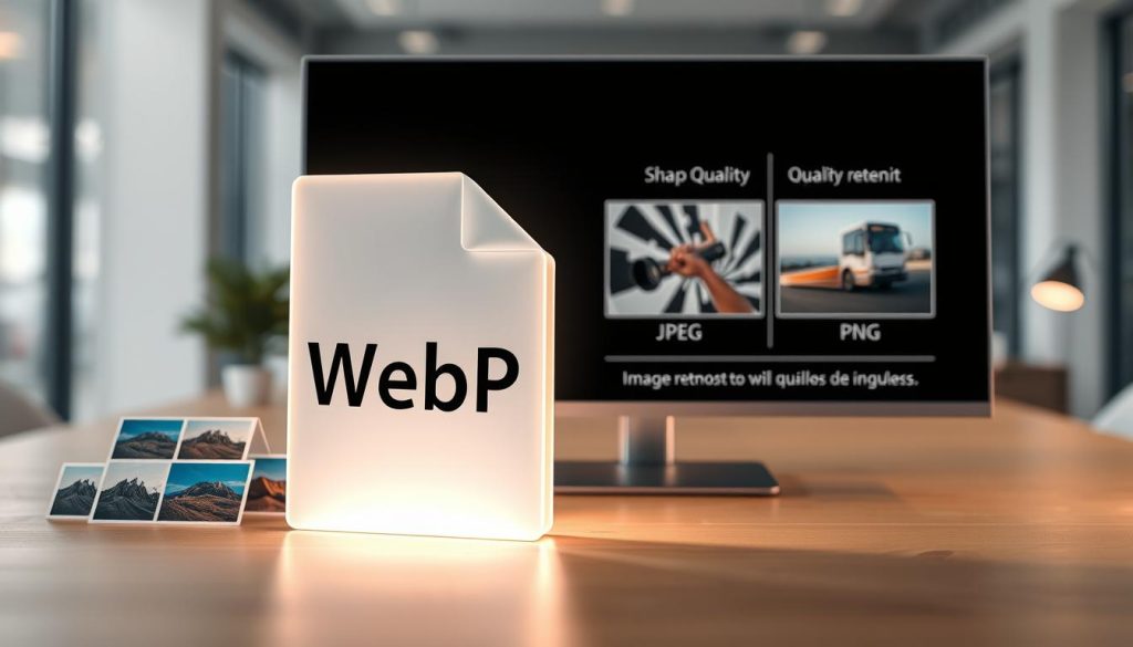 A visually striking digital composition showcasing the concept of the WebP image format. In the foreground, a large, luminous WebP file icon stands prominently, radiating a soft glow. Surrounding it are high-quality image thumbnails, representing various formats like JPEG and PNG, illustrating the comparison. In the middle ground, a sleek computer monitor displays a side-by-side comparison of image compression techniques, with sharp visuals on one side and pixelated images on the other, emphasizing quality retention. The background features a blurred office setting with a modern aesthetic, soft lighting creating a professional atmosphere. The overall mood is informative and engaging, encouraging viewers to explore optimal file formats for the web.