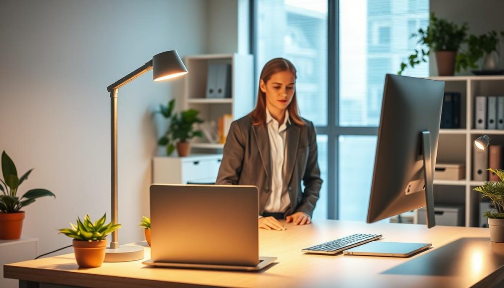 A well-lit modern office setting with strategic lighting designed to minimize eye strain. In the foreground, a sleek, ergonomic desk features a high-quality LED desk lamp emitting soft, warm light. On the desk, there are a laptop and a comfortable monitor positioned at eye level, surrounded by plants that enhance the workspace atmosphere. The middle ground includes a professional figure dressed in smart-casual attire, focused on their work, eyes relaxed and engaged. The background offers a minimalist shelf with organized office supplies, complemented by a large window allowing natural light to filter through, creating a balance of artificial and natural illumination. The overall mood conveys productivity and comfort, ideal for a portable and lightweight office setup.
